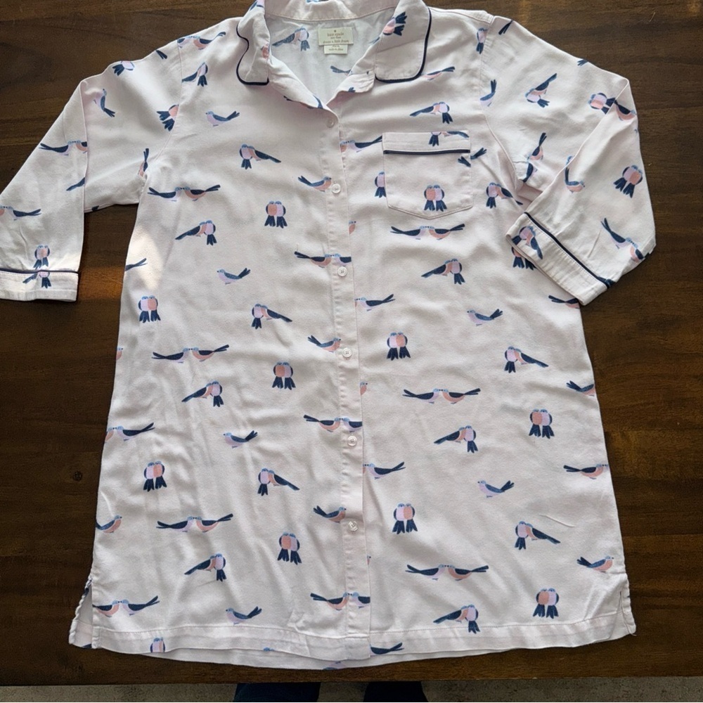 Kate Spade Pink Birds 3/4 Sleeve Button Front Collared Night Shirt Gown Size XS
